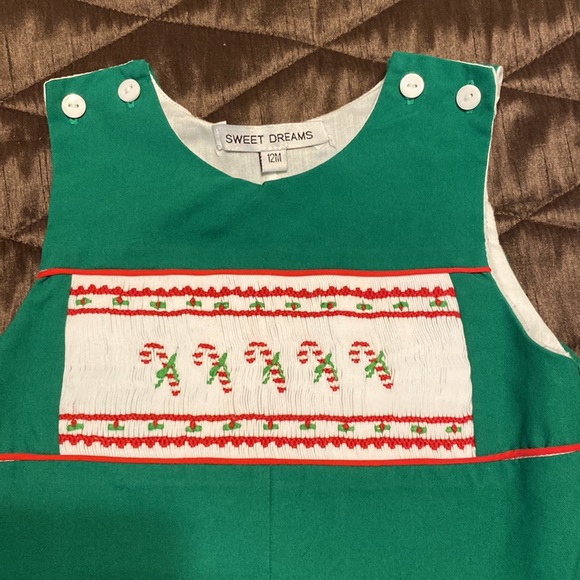 Sweet Dreams Candy Cane Christmas Smocked Long Tail Jumper Coverall size 12 mo - Picture 2 of 3